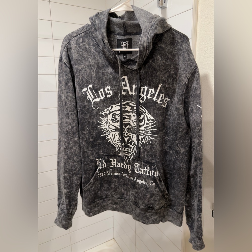 Ed Hardy • Tiger-Los Angeles Acid Wash Grey Hoodie • Size Women’s M